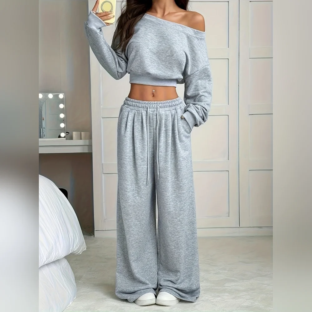 Women's Full Size Boat Neck Crop Top & Wide-Leg Pants Set In Gray Plus Size - Picture 6 of 13